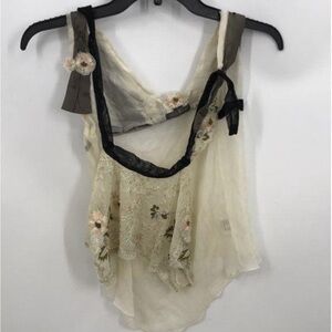 Easton Pearson Sheer Floral Lace Top with Black Trim 100% silk